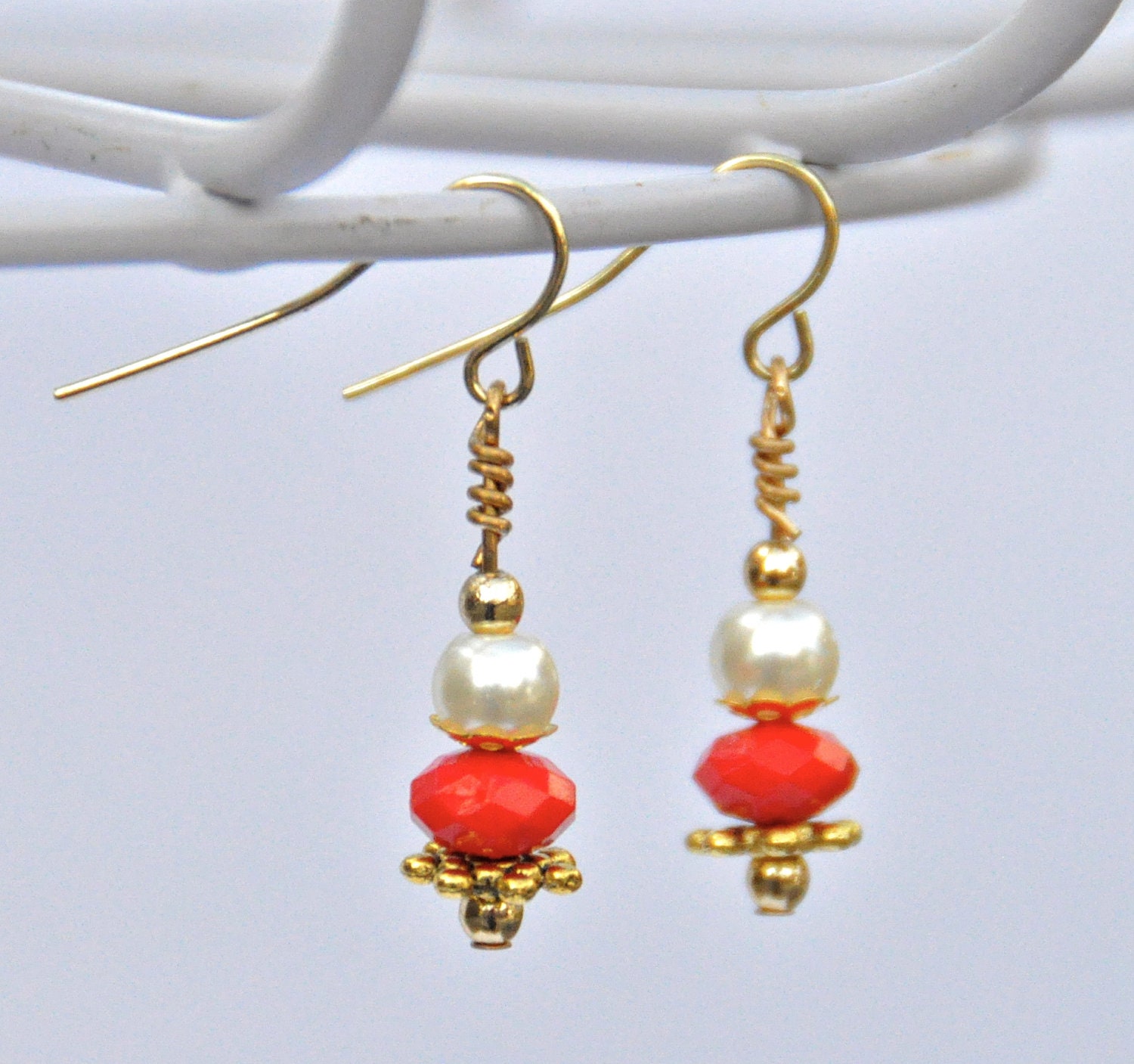Pearl White & Vibrant Orange Bead Earrings - dangle, short earrings, gold, Christmas, holiday festive winter 2012, present for her