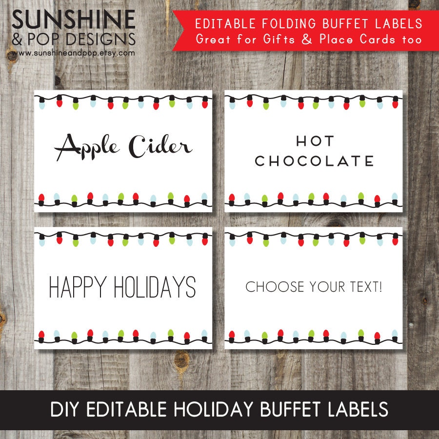 INSTANT DOWNLOAD - EDITABLE Christmas Holiday Lights Folding Buffet Labels, Food Tags, Place Cards - Diy Printable Pdf Il_570xn