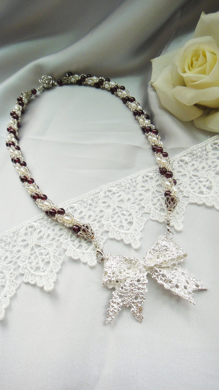 Jewelry crochet necklace- Rose Garden -Garnet & white fresh  water pearl - lace metal bow - sliver plate