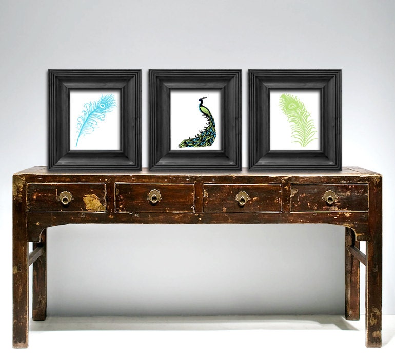Teal peacock Art - Blue Bird feather print - 3 print set - Clean chic wall art - Modern Home decor - Simple elegant art - wedding gift