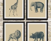 Safari Nursery Wall Art Prints - Elephant Giraffe Lion Rhinoceros African Animals - Children Room Home Decor set of 4 8x10