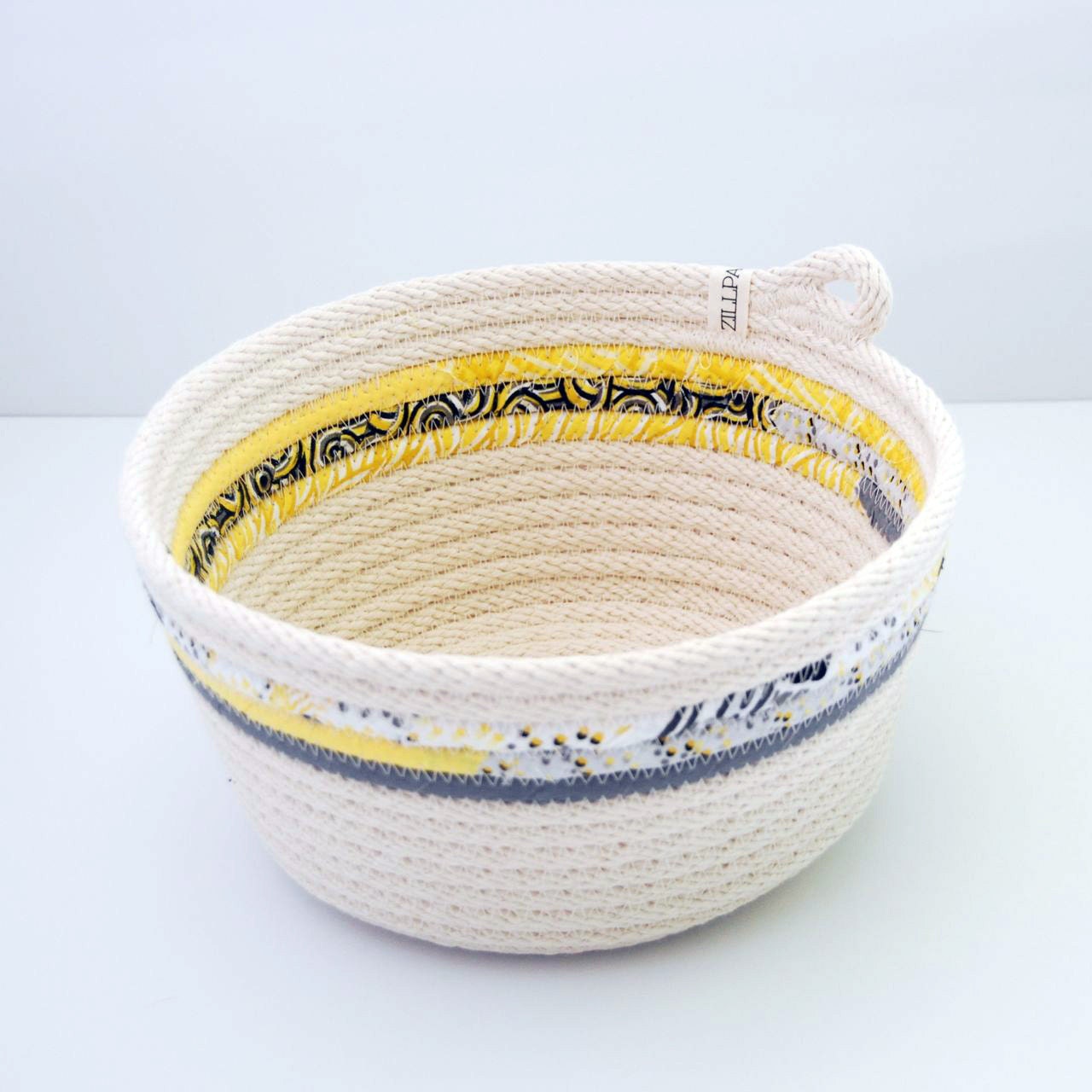 LIMITED EDITION // Fabric Wrapped Rope Bowl LARGE // Yellow and Grey - Zillpa