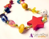 Girl's necklace, children, primary colors, fun, red stars, wood beads, rainbow, colorful