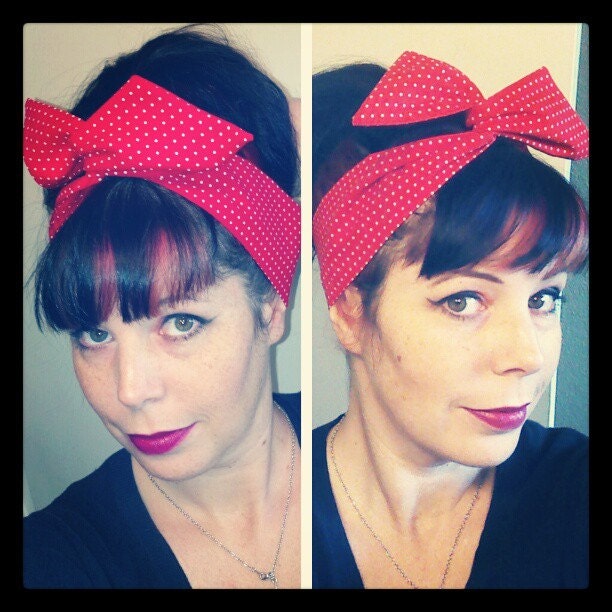 Red and White Polka Dot Dolly Bow Headwrap Bandana Hair Bow 1940s 1950s Vintage Style - Rockabilly - Pin Up - For Women, Teens