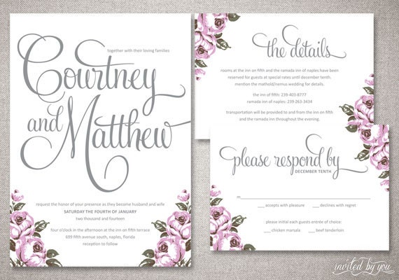 Vintage Calligraphy "Courtney" Wedding Invitations Suite - Floral Shabby Chic Invite - Custom DIY Digital Printable or Printed Invitation
