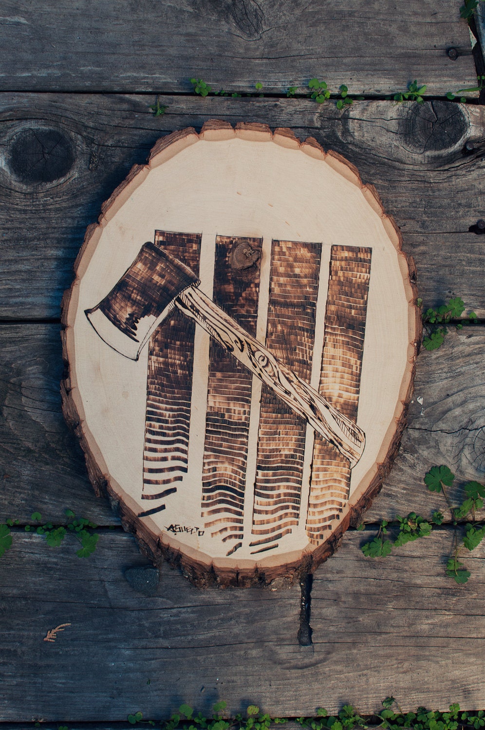 One of a Kind Alex Suelto Lumber Axe Pyrography Woodburning Illustration Art
