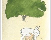 Woodland Art, Deer Art, Fawn art, Woodland Nursery Art print, apple tree art, mother and baby