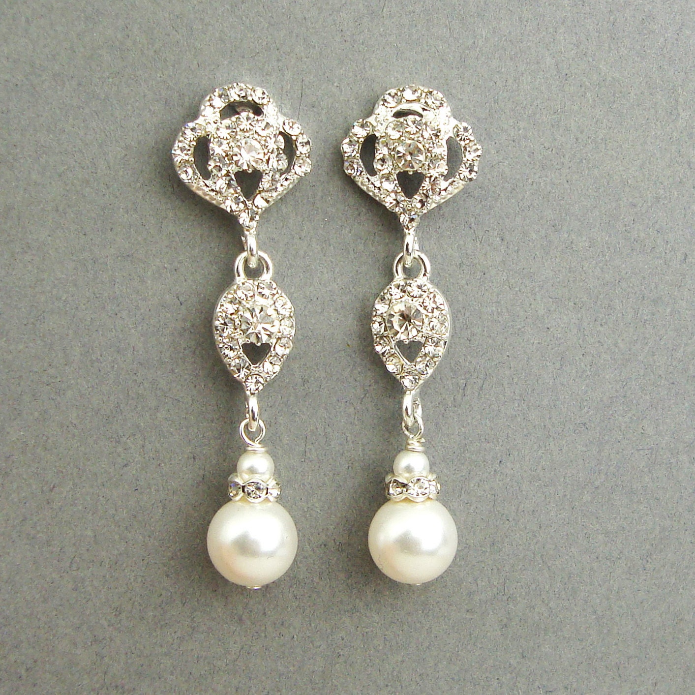 Swarovski Crystal and Pearl Bridal Earrings, Vintage Style Rhinestone Pearl Wedding Dangle Earrings, Old Hollywood Jewelry, LARA