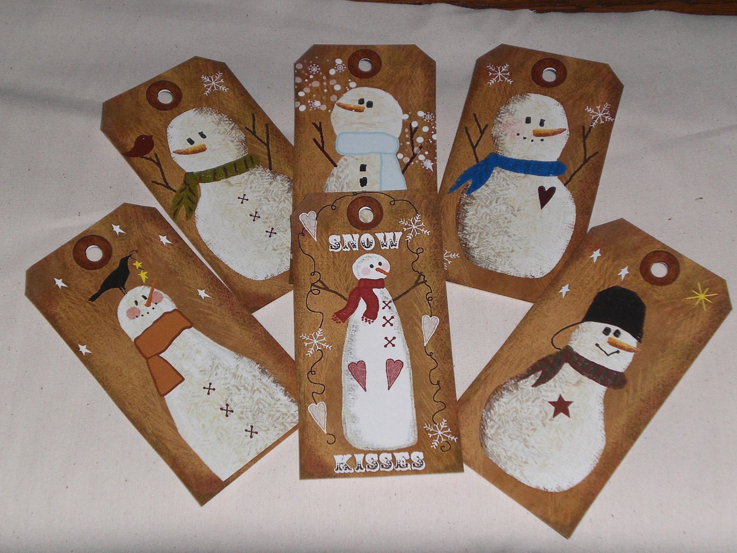 6 Primitive Snowman Christmas Holiday Hang Tags Gift Ties Ornies Scrapbooking Embellishments