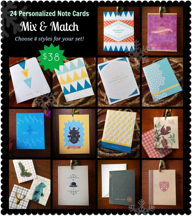24 Mix & Match Personalized Note Cards, Choose 4 Styles