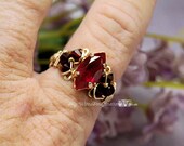 Dark and Dreamy Siam Ruby Red Navette Handmade Ring - Wire Wrapped - Signature Design Marcella Ring - Fine Jewelry July Birthstone