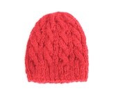 Hand Knit Cable Beanie Woman Hat - Washable Wool Yarn - Red