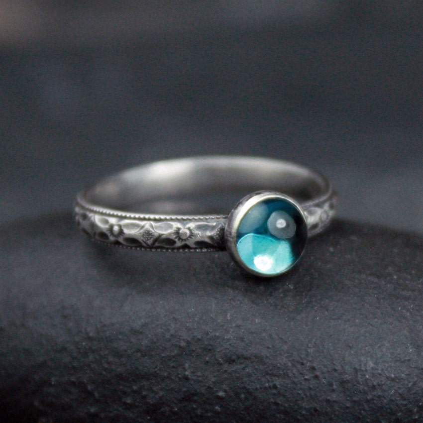 London Blue Topaz Ring and With Floral Silver Band