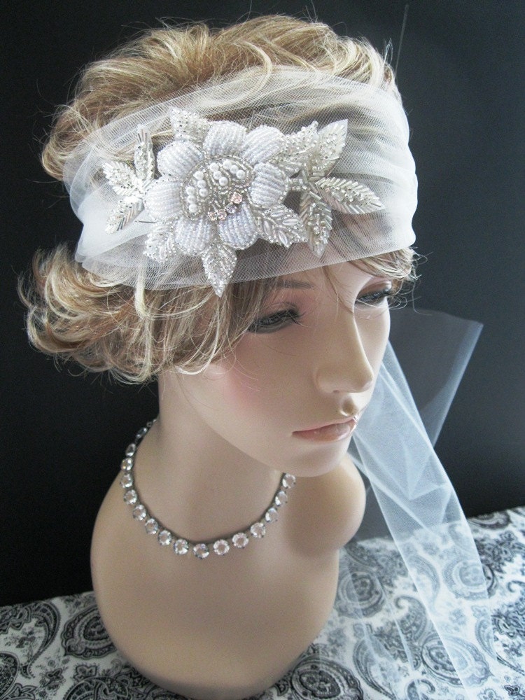 Wedding Headpiece, Bridal Veil -- Retro-Tulle Headband with  Vintage Inspired Floral Beading