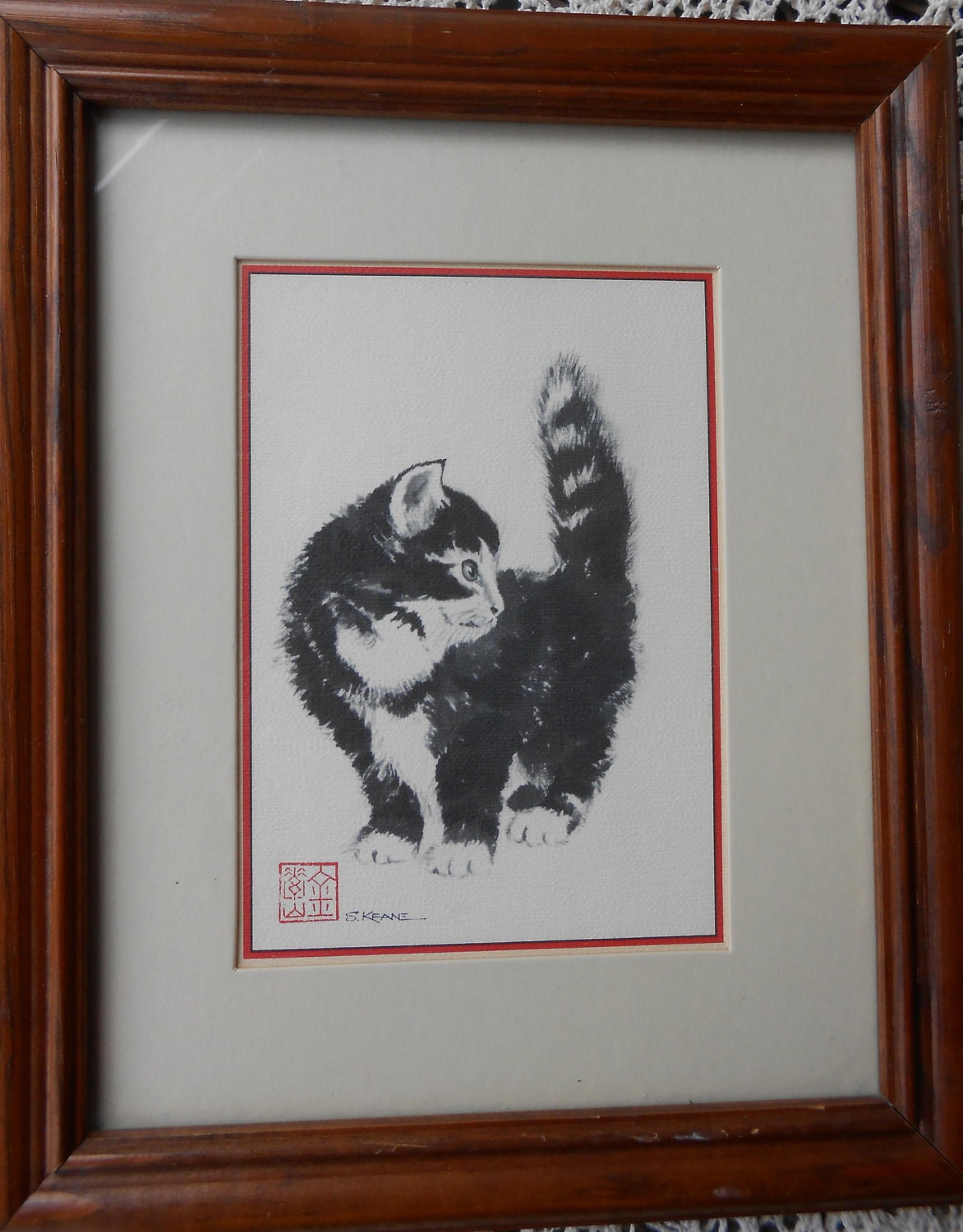 Chinese Brush Kitten Print / Framed Vintage Kitten Print / Vintage Susan Keane Kitten print / Chinese Ink and Brush Art