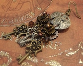 Handmade Jewelry Earrings Beaded Steampunk Keys Gears Locks Crystal Pearl Long Mixed Metal Antique Copper Brass...The Key to Madison's Heart
