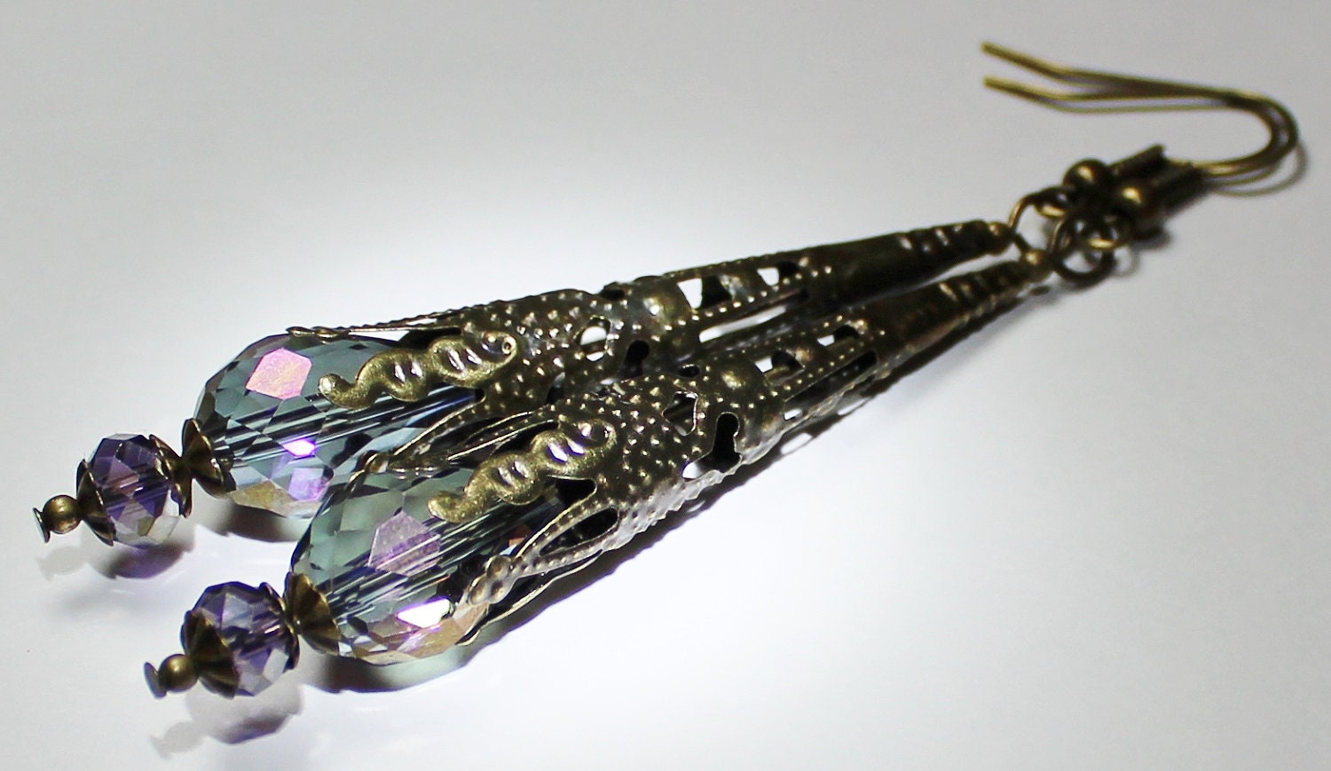 Handmade Jewelry Earrings Beaded Crystal Purple Amethyst Blue Antique Brass Sparkly Long Cones Filigree Metal Wires...Victoria