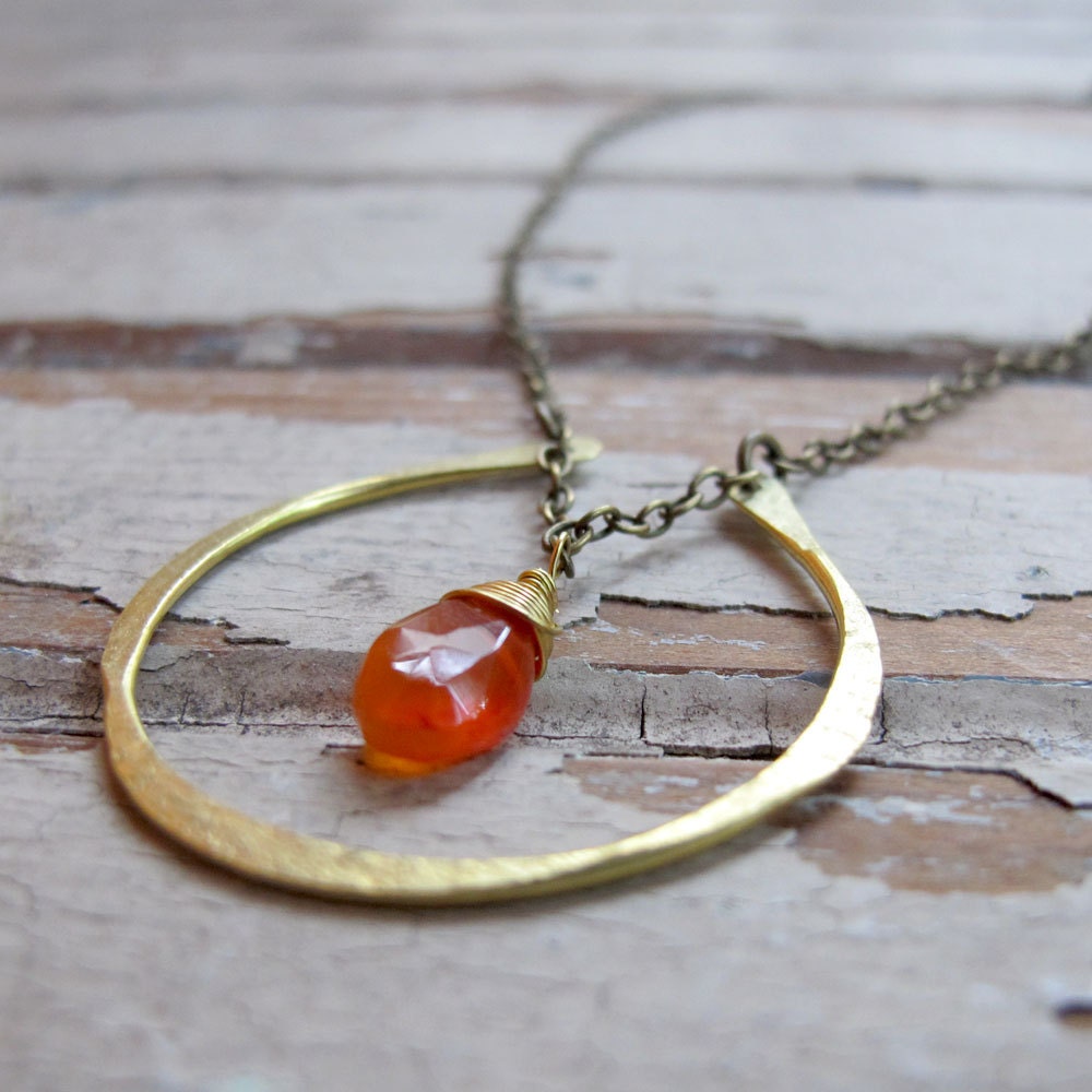 Fall's Chance - Brass Horseshoe Necklace - Orange Carnelian Necklace - Artisan Tangleweeds Jewelry