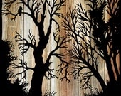 Papercut Illustration - Folk Art Print - Whimsical Woodland Forest Silhouette Art - Woodgrain Vintage Fairy Tale Print
