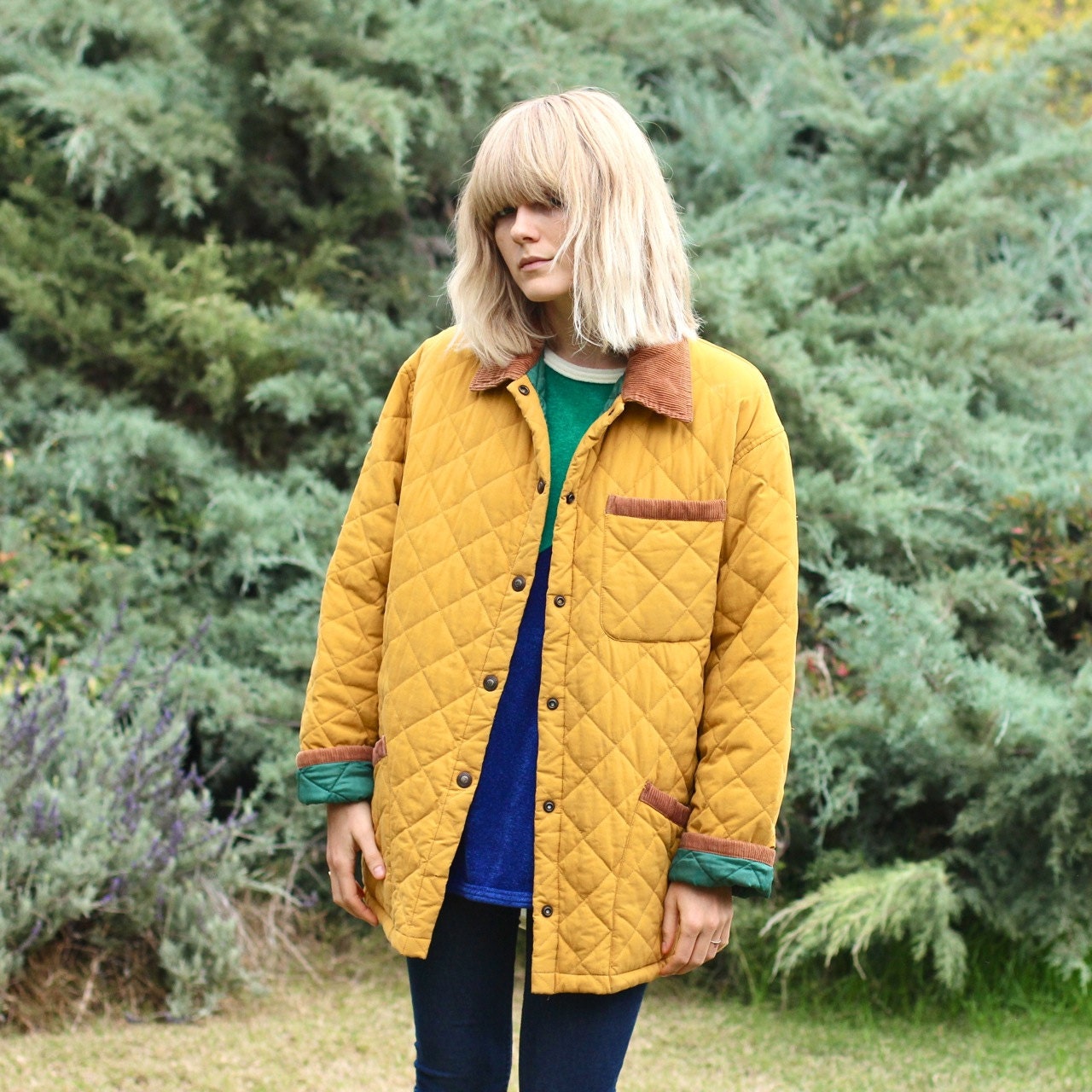 Mustard Quilted Snap Coat with Contrast Corduroy Collar - M/L
