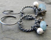 Sterling Silver Twisted Link Earrings Smoky Quartz Hemimorphite White Freshwater Potato Pearl Dark Oxidized Artisan Jewelry