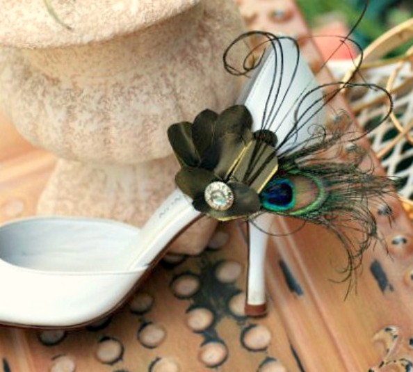 Wedding Shoe Clips Peacock & Olive Green Fan. Herl Feathers Teal Turquoise, Bridal Bride Bridesmaid Gift for Her, Statement Mom Mothers Day