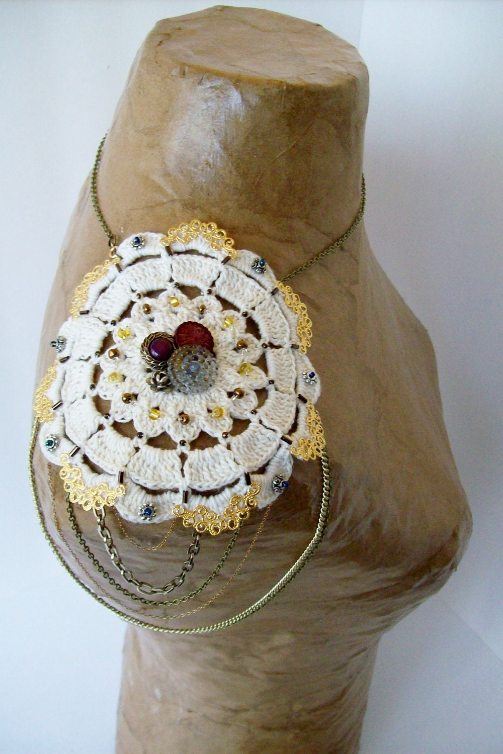 Gold Chain Shoulder Harness with Crochet Flower and Vintage Buttons