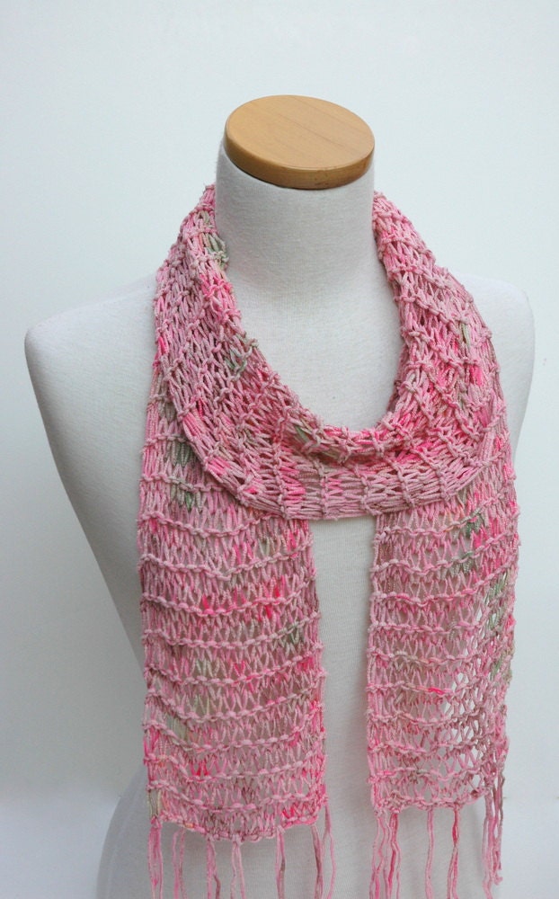 Raw Silk Scarf- Hand Knit- Rose/ Mauve/ Apricot/ Sea Mist