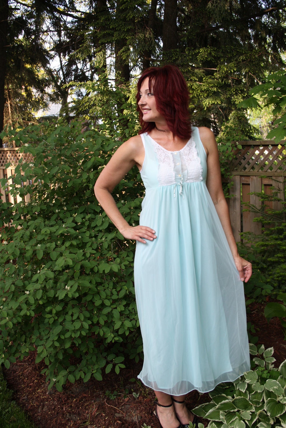vintage 70s nightgown aqua blue green lingerie boudoir chiffon
