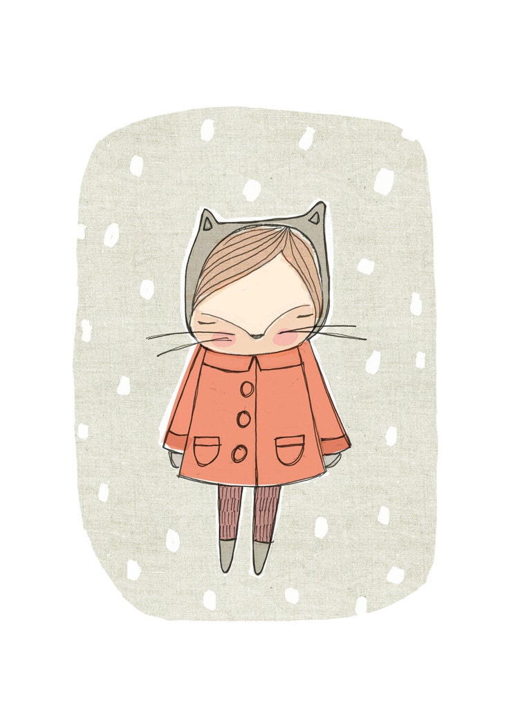 Childrens Room Deco - girls room art print - Cute Kitten Art Print Coral  8x10 Wall Decor - Kitty Cat