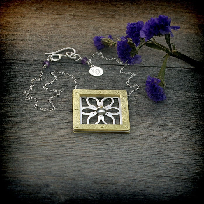 Pierced and Riveted Sterling Silver and Brass Flower Pendant Necklace