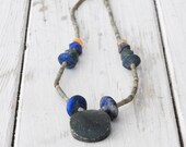 Olive Green Jade Royal Blue Lapis Lazuli Necklace, Unpolished Natural Handcut Beads, Bohemian Chic Jewelry, OOAK Jewelry, Spring 2013