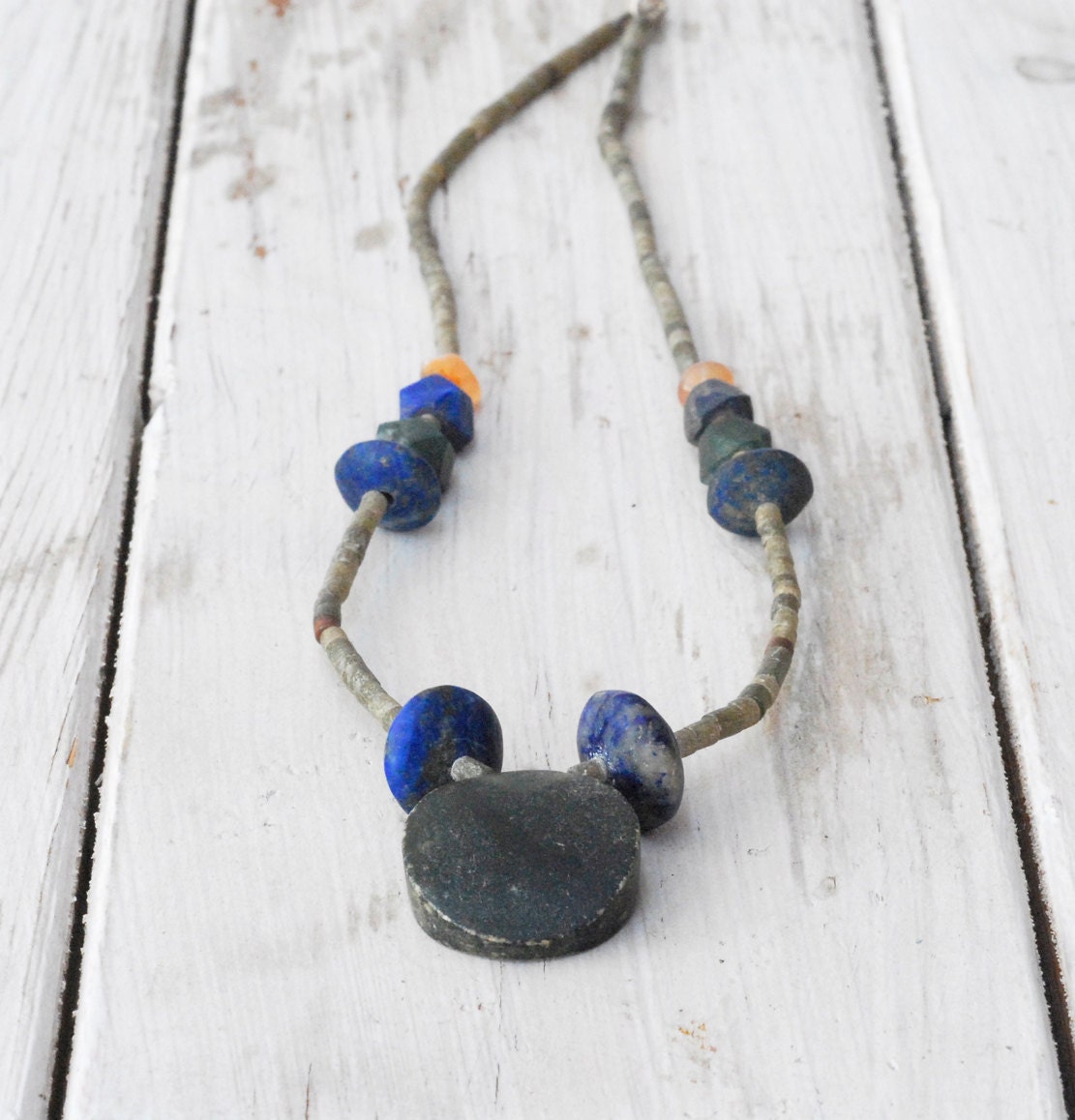 Olive Green Jade Royal Blue Lapis Lazuli Necklace, Unpolished Natural Handcut Beads, Bohemian Chic Jewelry, OOAK Jewelry, Spring 2013