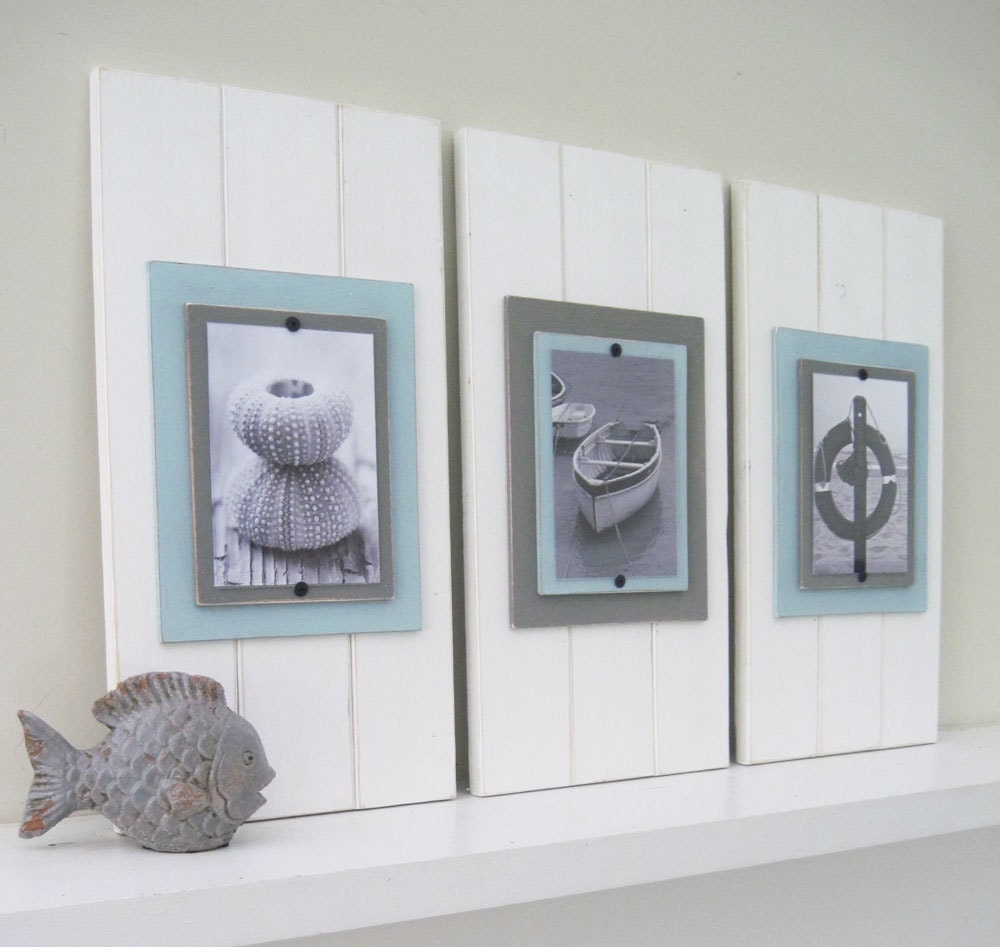 Set of 3 White, Seafoam and Gray Plank Frames for 5x7 Photos