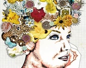 bohemian home decor fashion illustration boho headpiece 16 x 20 large format PRINT turquoise yellow burgundy mixed media collage art