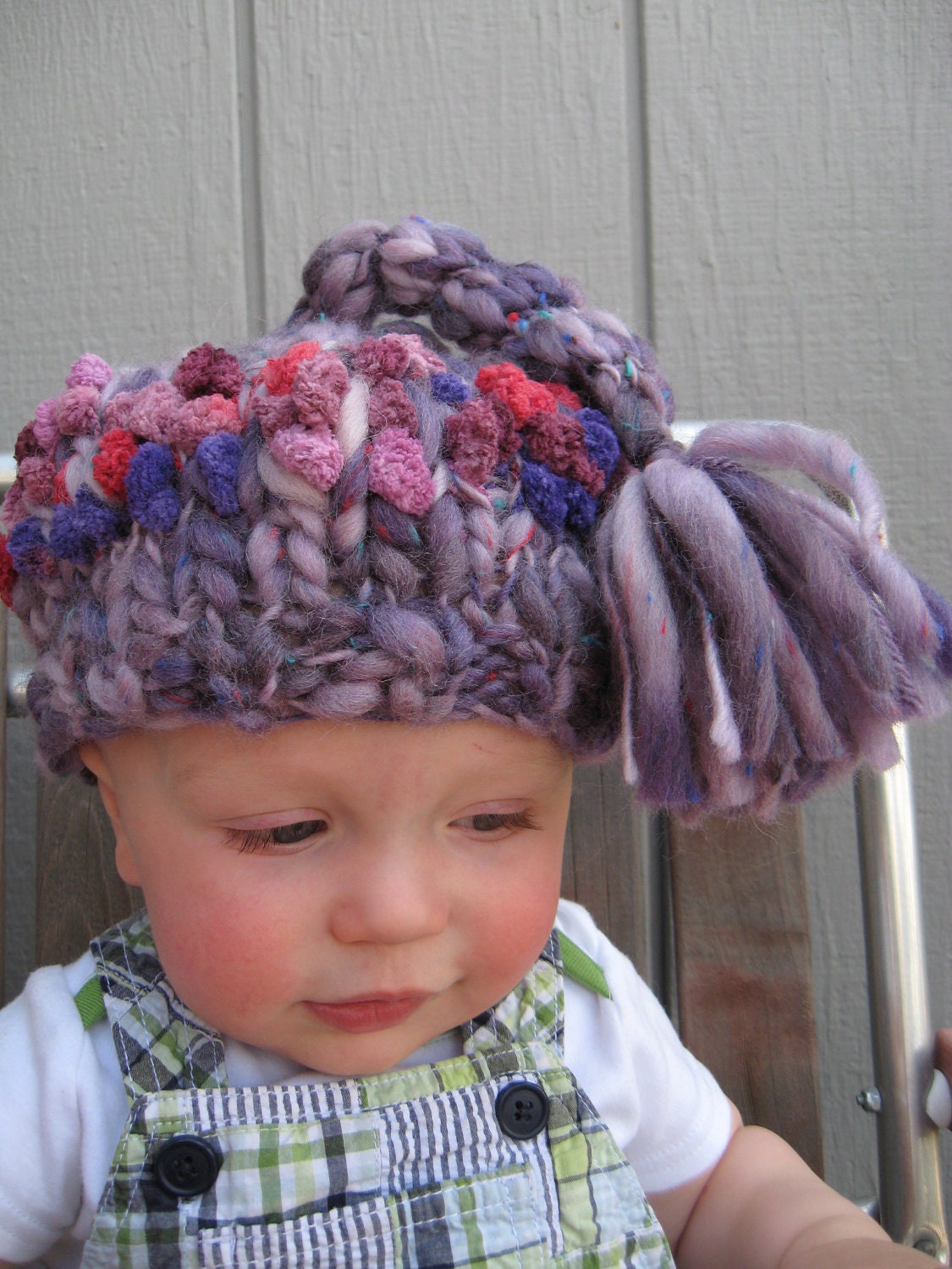 Baby hat photo prop hand knit beanie beret pom pom purple red  FREE U.S. shipping