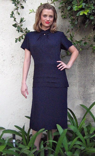 1940s Navy Dress with Peplum Incredible Neckline -- Extra Large