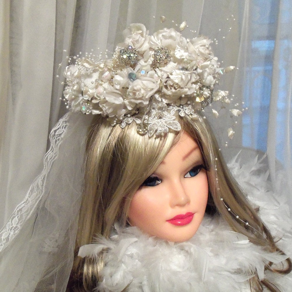 Crystal Head Piece with veil, white flower bridal crown, Vintage Couture One of a Kind Wedding Accessory.