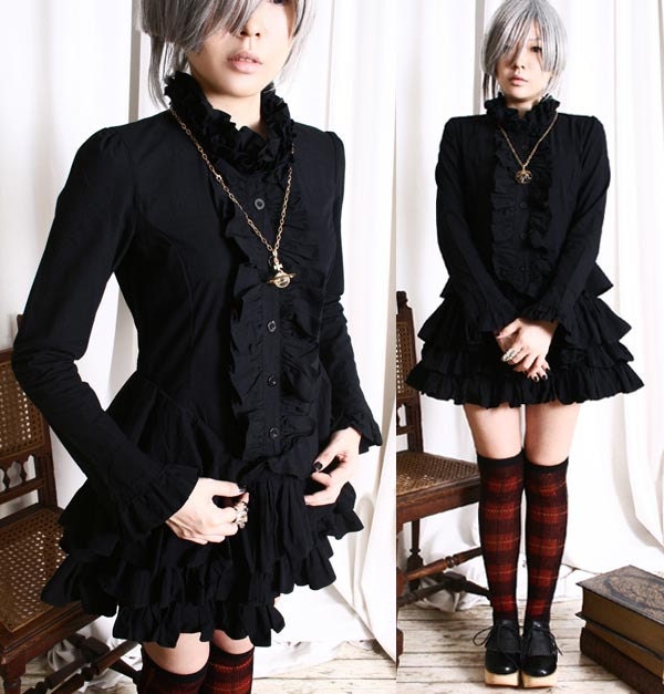 Nana Babydoll Gothic Punk Lolita Mourn Tux Ruff Collar Little Black Dress Tunic