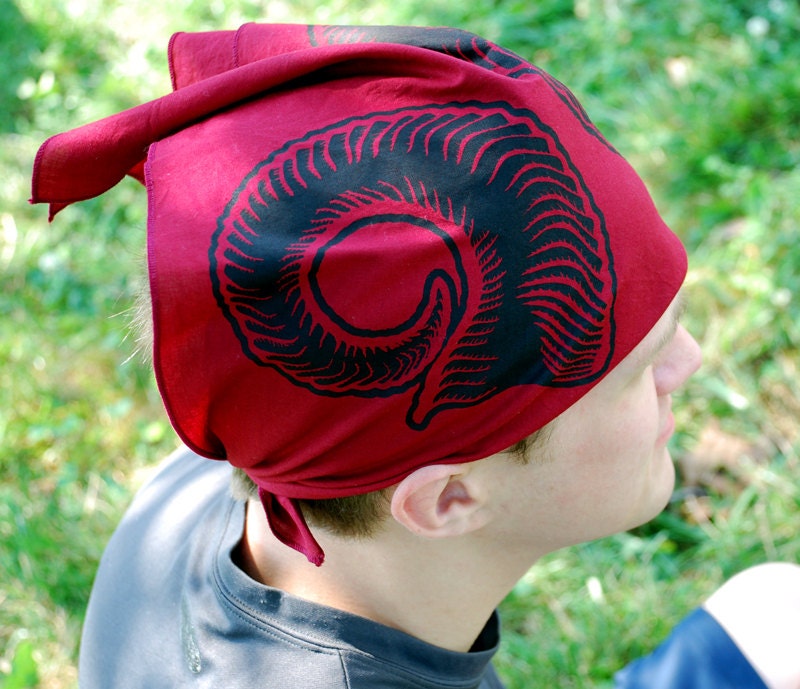 Ram Horns Bandana - Maroon Cotton - Black Ink - Screen Printed