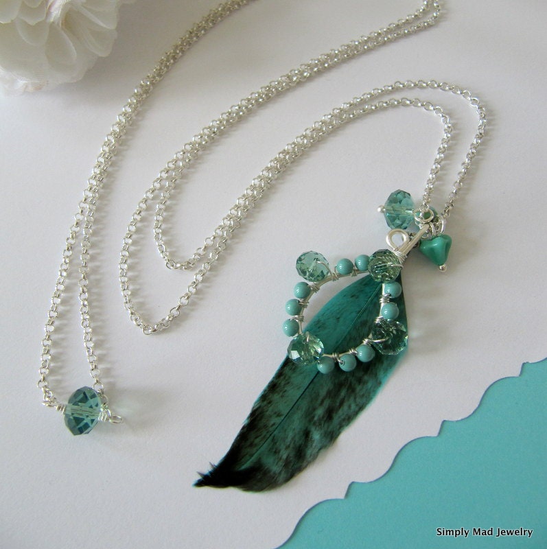 30 inch Feather Necklace Wire Wrapped Charm Pendant Sea Foam Green Teal (8819)