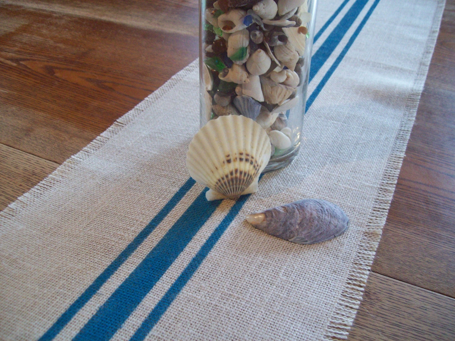 Burlap Table Runner 10 x 48 with Grain Sack Stripes in Turquoise - More Colors Available - Burlap Runner