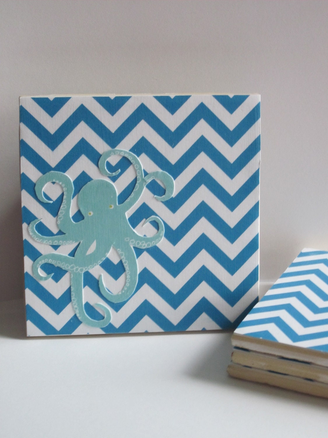 Chevron Tile Coasters Nautical Ocean Beach Theme Aquamarine and White