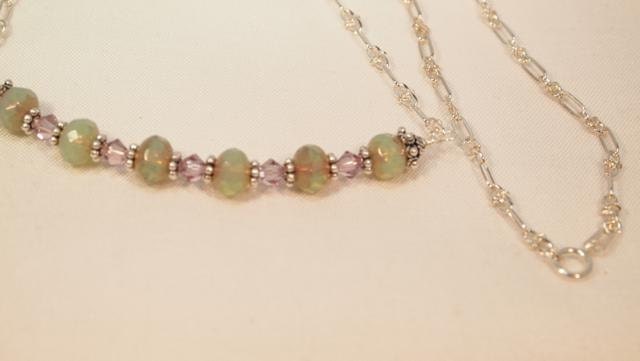 Crystal and Czech Necklace, Olive Green Czech Glass Beads, Swarovski Crystals, Sterling Silver Chain Necklace.  CKDesigns.us