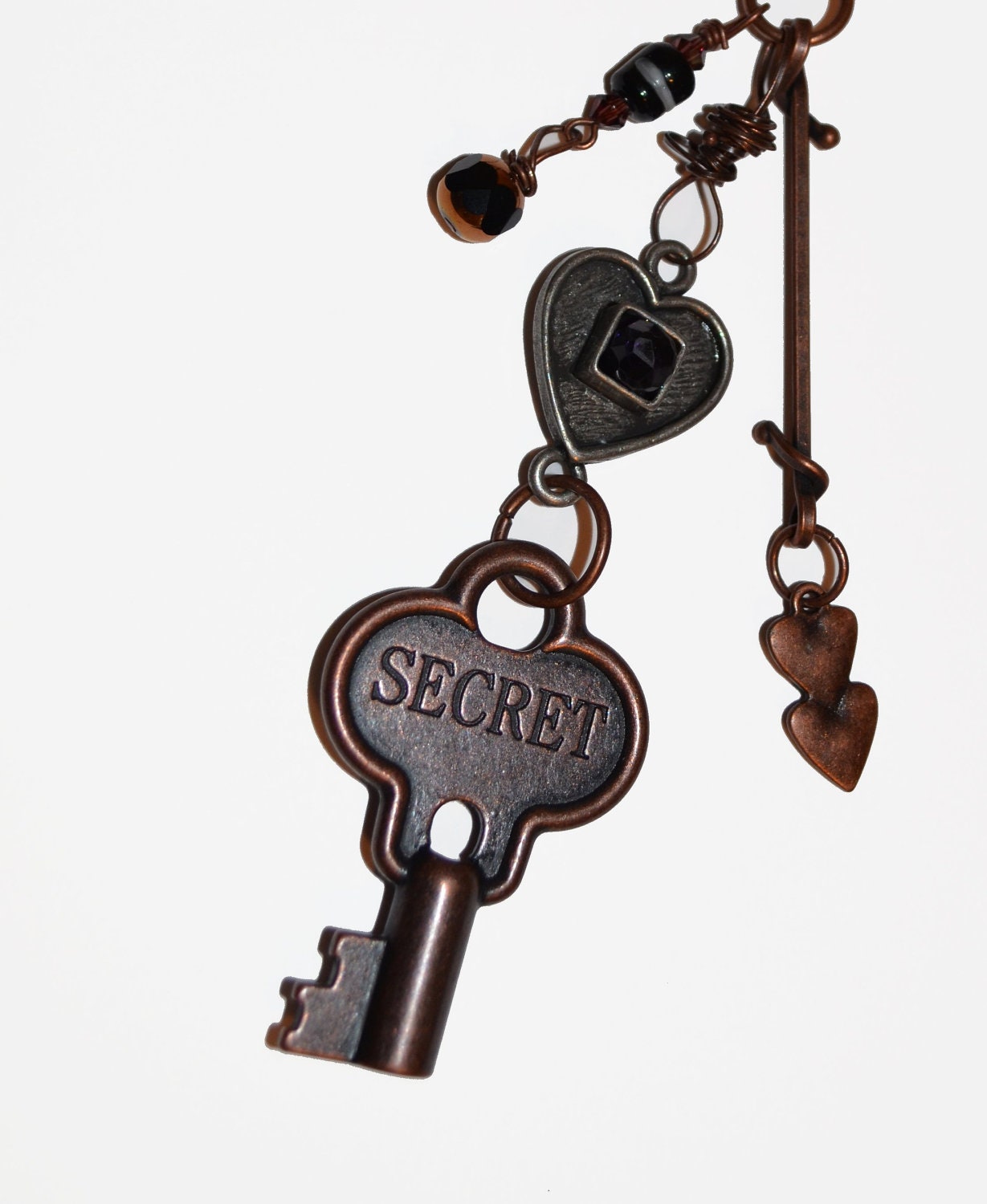 Secret Love Copper Key Pewter Heart Dark Rhinestone Keychain or Purse Jewelry