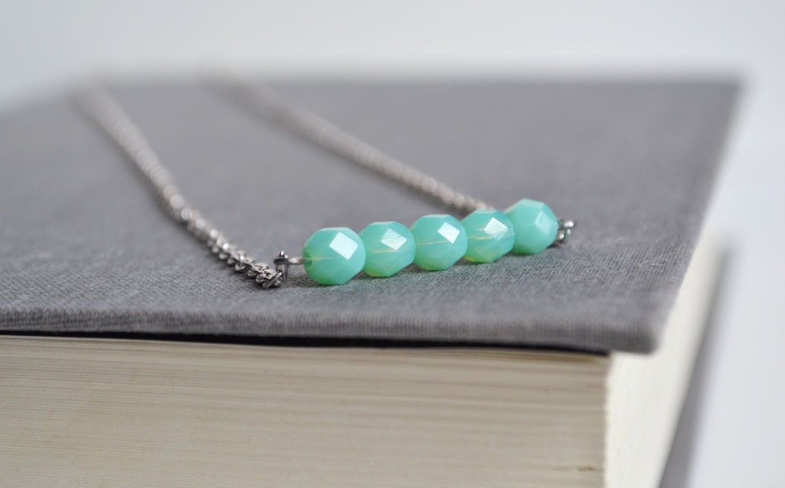 Bar Necklace Seafoam Green, Opaque Czech Glass Five Stone Necklace, Aqua Blue Sparking Jewelry,Bar Mint Glass Necklace