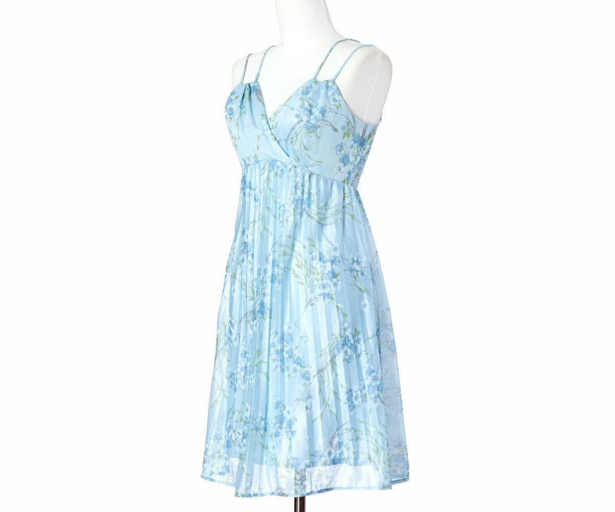 70s Vintage Dress Blue Pleated Floral Print Sundress XSmall Small