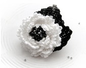Crochet Beaded  Brooch - Cotton Corsage Brooch Black White  Flower