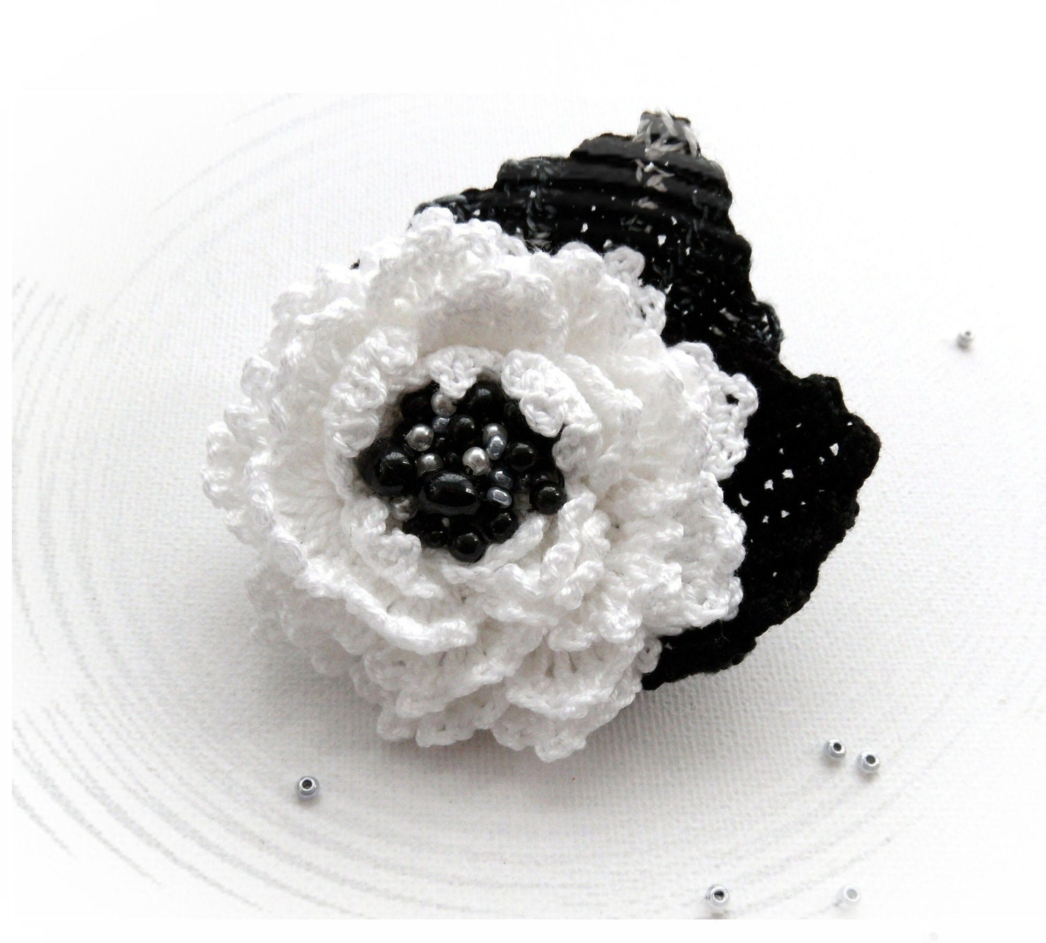 Crochet Beaded Brooch - Cotton Corsage Brooch Black White Flower