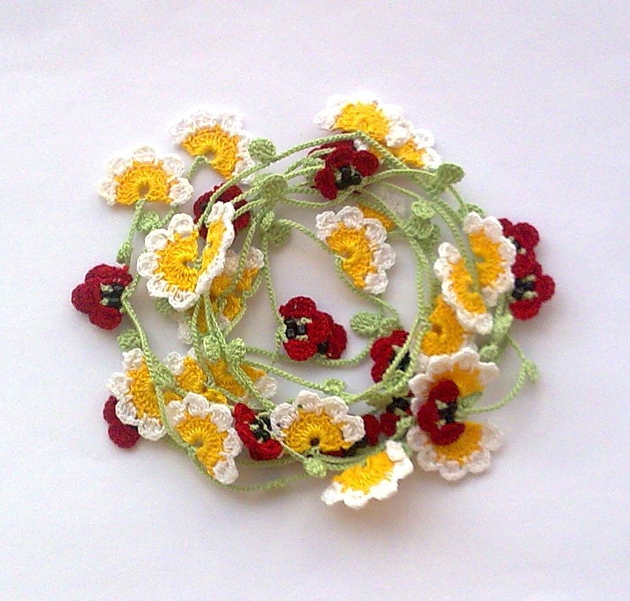 Handmade Crochet Necklace Oya, Daisies, Poppies